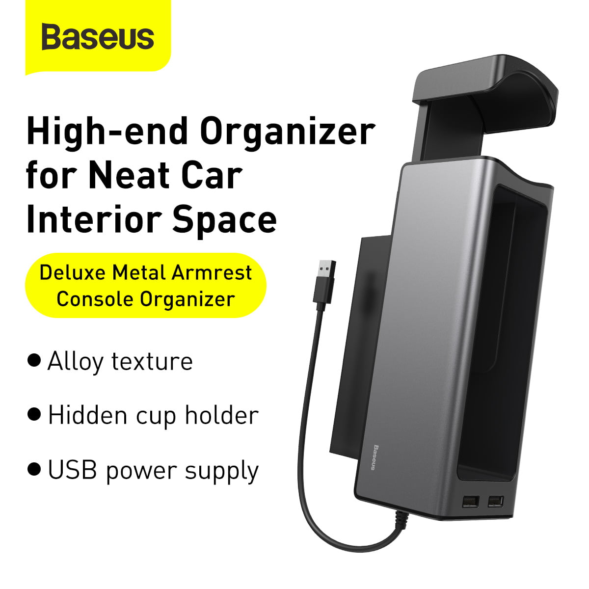 Baseus Deluxe Metal Armrest Console Organizer Dual USB Power Supply