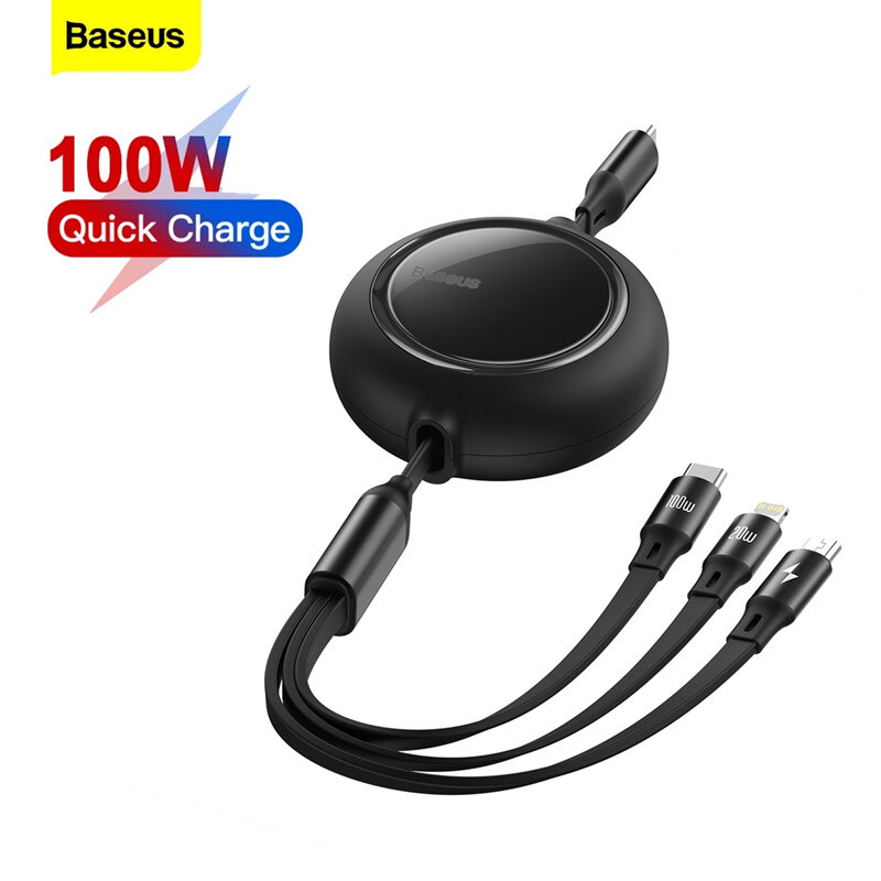 Baseus 100w 3 In 1 Retractable Cable Type-C to Type-C / Micro USB / iPhone