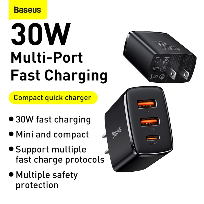 Baseus Compact 30w Fast Charger 2 Type C Ports 1 Usb Port