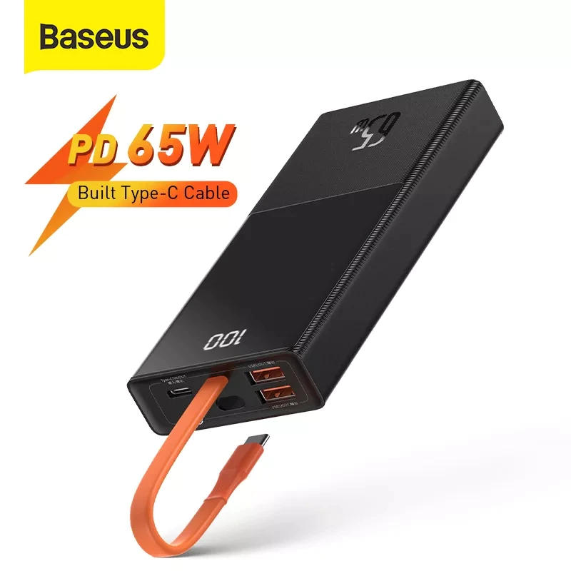 Baseus Power Bank 20000mAh PD 65W Fast Charging With Built in Type-C Cable