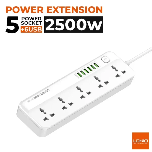 Ldnio SC5614 2500w Power Extension With 5 Power Sockets and 6 Usb Ports